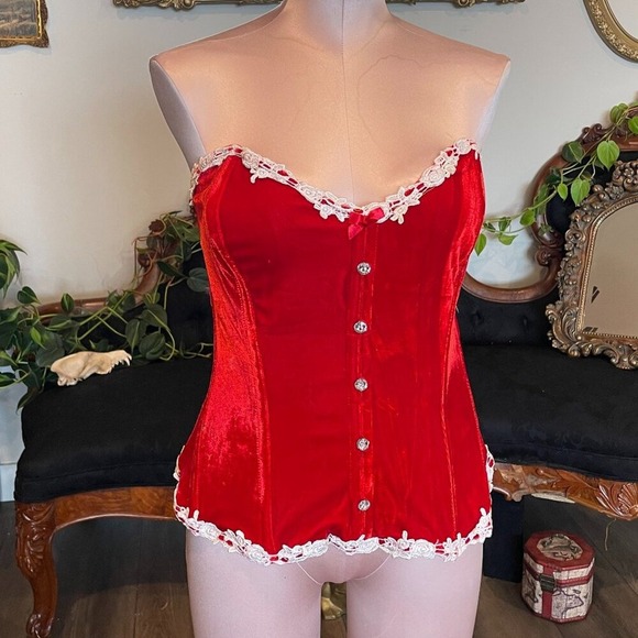 Elegant Moments Other - Vintage Elegant Moments Strapless Lace Trim red Velvet Corset Size 42 Red